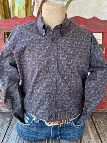 Men’s Cinch western button-down shirt in charcoal paisley print, made from 100% cotton plain weave, with button-down collar and embroidered chest pocket – MTW1105959. Available at Blair’s Western Wear, Marble Falls, TX.