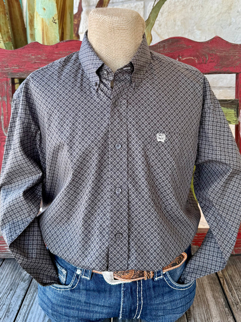 Men’s Cinch western button-down shirt in charcoal and black geometric print, made from breathable cotton plain weave, with embroidered logo chest pocket – MTW1105960. Available at Blair’s Western Wear, Marble Falls, TX.