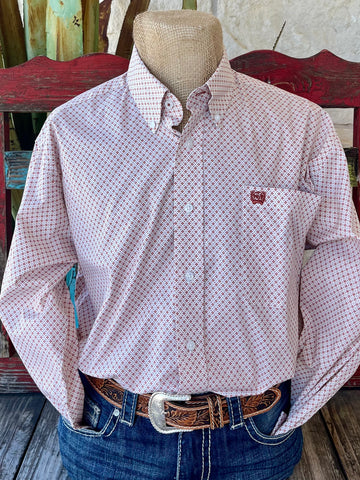 Men's Cinch Western Shirt in natural and brick, featuring a geometric print pattern with breathable cotton fabric and embroidered pocket logo - MTW1105844. Available at Blair's Western Wear, Marble Falls, TX.