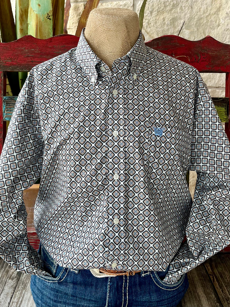 Men's Cinch Western Shirt Geometric Print Shirt in Cream, lightweight cotton for breathable comfort, with tailored fit for a clean silhouette – MTW1105950. Available at Blair's Western Wear, Marble Falls, TX.