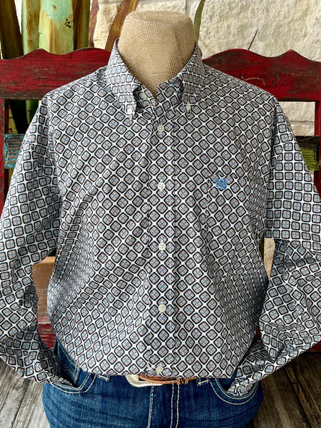 Men's Cinch Western Shirt Geometric Print Shirt in Cream, lightweight cotton for breathable comfort, with tailored fit for a clean silhouette – MTW1105950. Available at Blair's Western Wear, Marble Falls, TX.