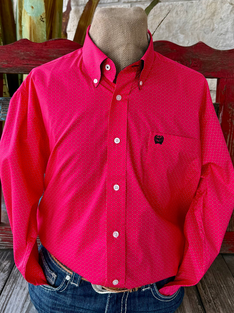 Men's Cinch Western shirt button-down in hot pink, breathable lightweight fabric for all-day comfort, with micro dot print for subtle style - MTW1106045. Available at Blair's Western Wear, Marble Falls, TX.