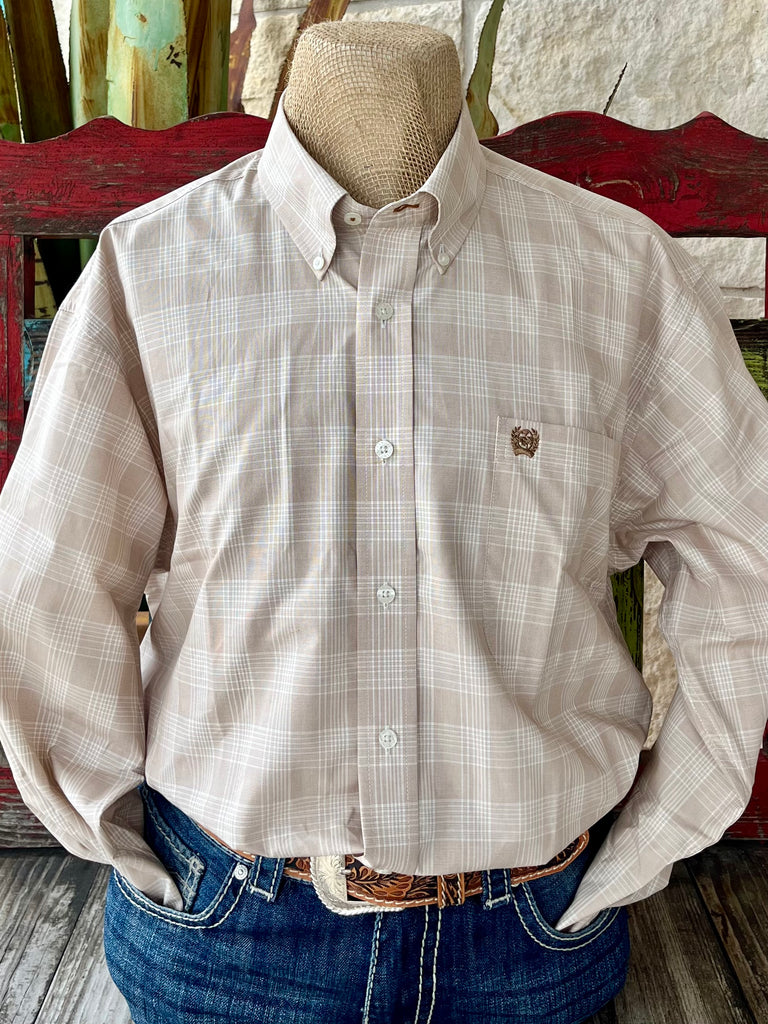 Men's Cinch Western Shirt Button-Down in Khaki Plaid, made from breathable cotton for all-day comfort, with an embroidered logo pocket for subtle branding - MTW1105940. Available at Blair's Western Wear, Marble Falls, TX.