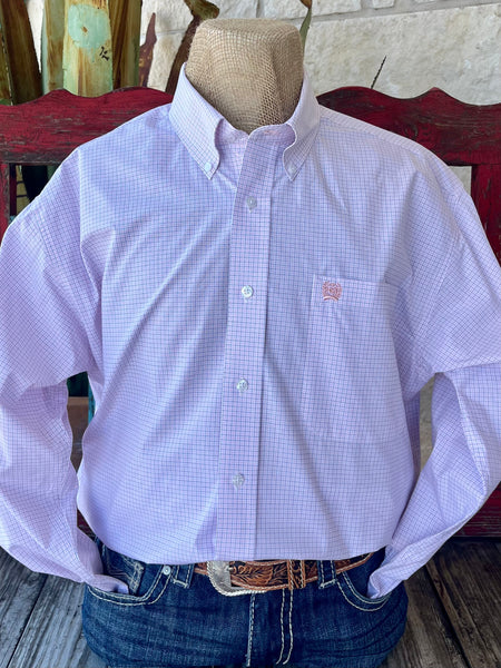Men's Cinch Western Shirt Light Pink/Black Check, lightweight cotton for breathable comfort, with embroidered Cinch logo on chest pocket - MTW1105912. Available at Blair's Western Wear, Marble Falls, TX.