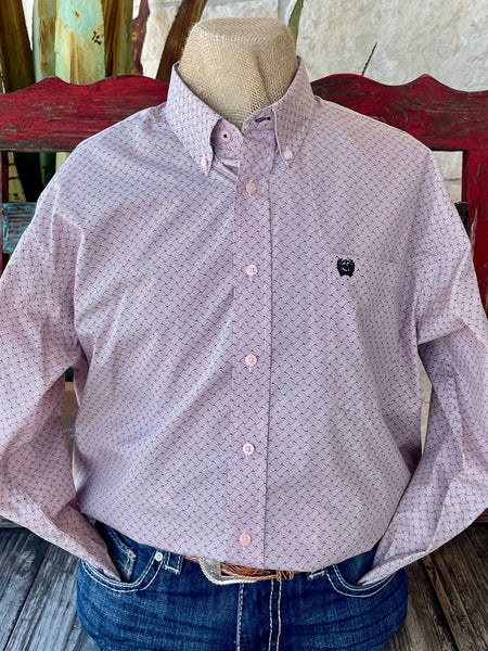 Men’s Cinch Western Shirt Button-Down Print Shirt in Light Pink/Black, lightweight cotton fabric for breathability, with embroidered Cinch logo detail on the chest - MTW1105913. Available at Blair's Western Wear, Marble Falls, TX.