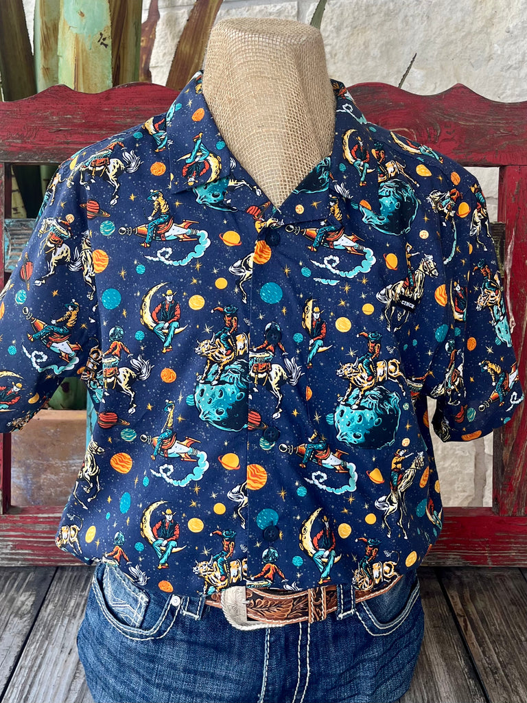 Men's Cinch Western Shirt Short Sleeve Space Cowboy in Navy/Orange, made from lightweight cotton for breathable comfort, with bold retro-style cowboy and space-themed graphics – MTW1401053. Available at Blair's Western Wear, Marble Falls, TX.