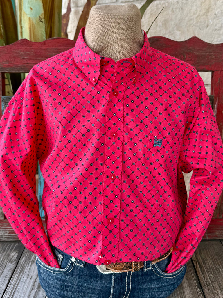 Men's Cinch Western Shirt button-down print shirt in pink, lightweight breathable cotton for all-day comfort, with bold geometric pattern for standout style - MTW1106046. Available at Blair's Western Wear, Marble Falls, TX.