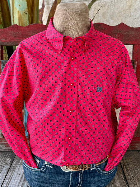 Men's Cinch Western Shirt button-down print shirt in pink, lightweight breathable cotton for all-day comfort, with bold geometric pattern for standout style - MTW1106046. Available at Blair's Western Wear, Marble Falls, TX.