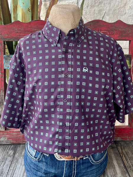 Men’s Cinch Western Shirt Purple Geometric Print in breathable cotton, with classic button-down styling, and embroidered chest pocket logo - MTW1704158. Available at Blair's Western Wear, Marble Falls, TX.