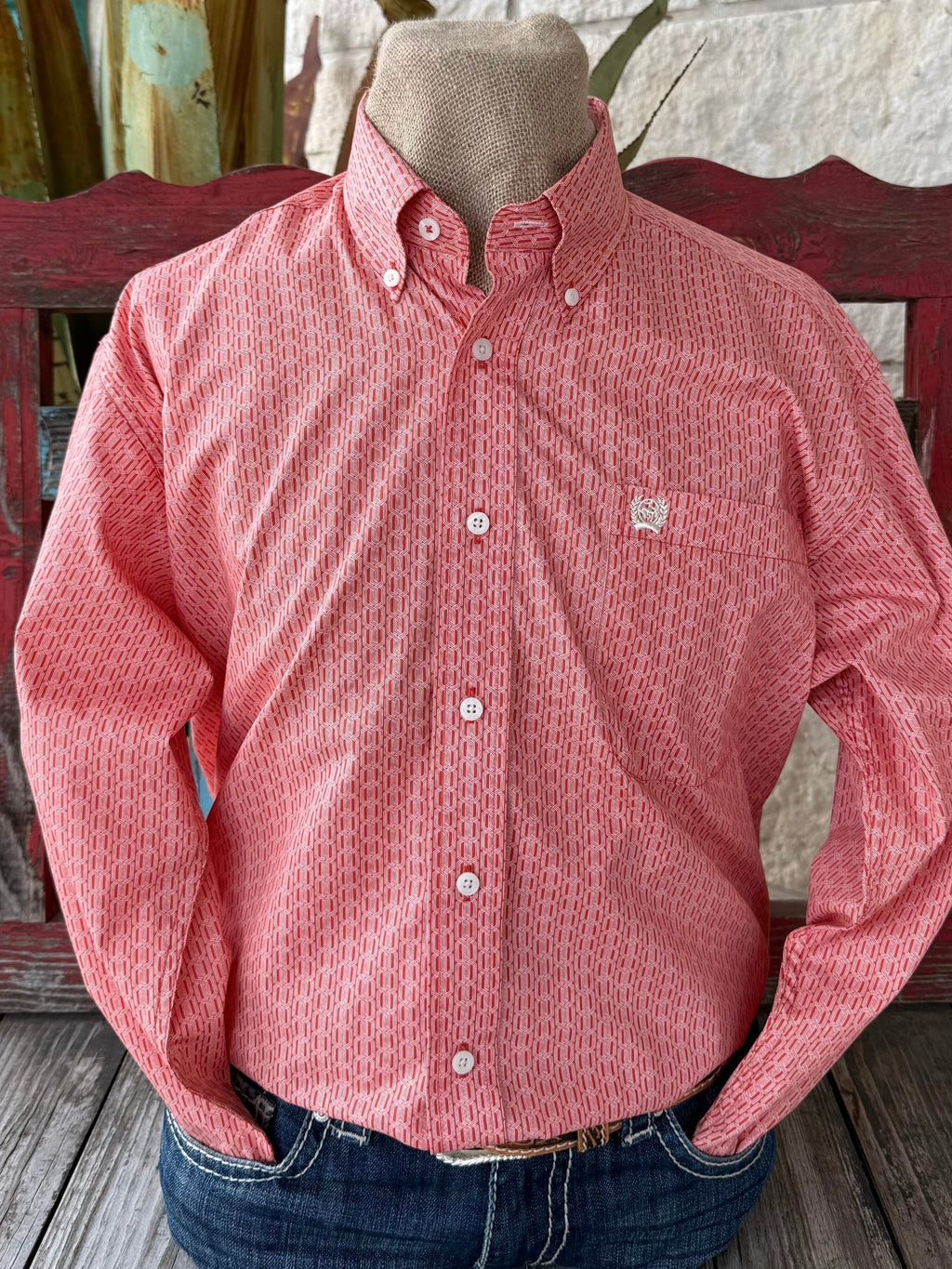 Men's Cinch Western Shirt Button-Down in Red/White, lightweight cotton fabric that feels breathable and comfortable for all-day wear, with red and white geometric chain print that adds bold western character - MTW1106040. Available at Blair's Western Wear, Marble Falls, TX.