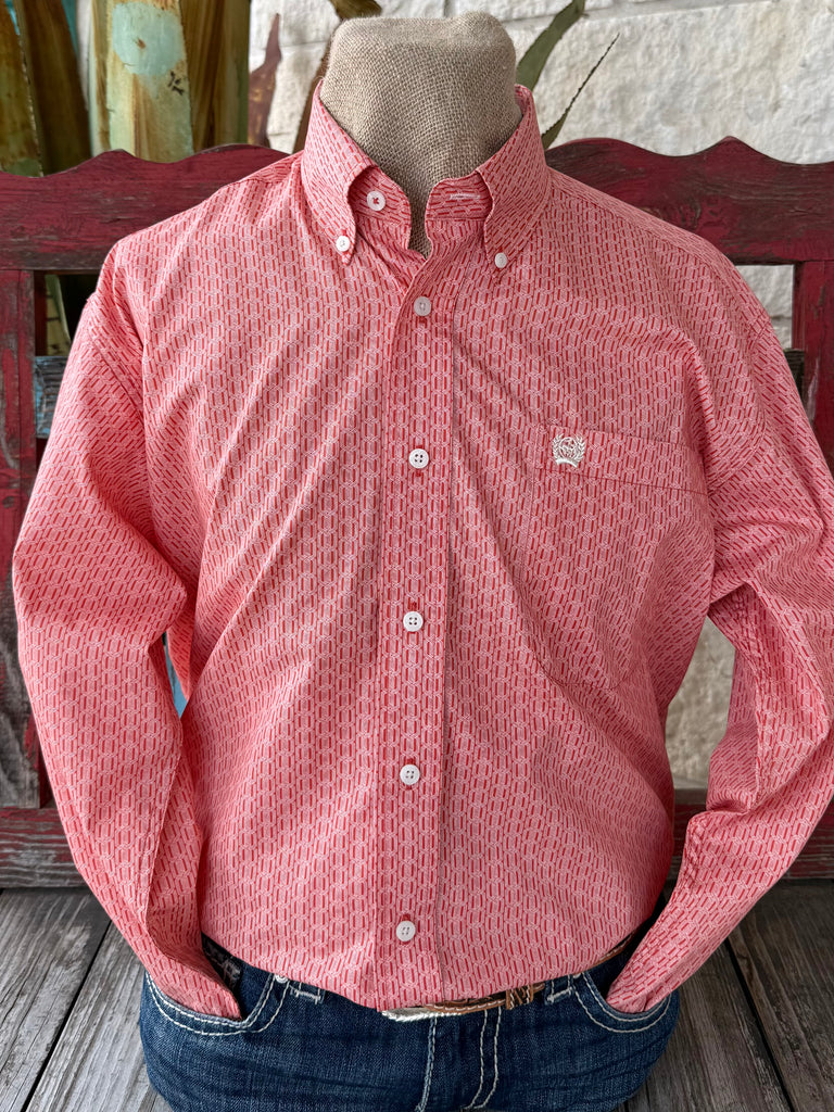 Men's Cinch Western Shirt Button-Down in Red/White, lightweight cotton fabric that feels breathable and comfortable for all-day wear, with red and white geometric chain print that adds bold western character - MTW1106040. Available at Blair's Western Wear, Marble Falls, TX.