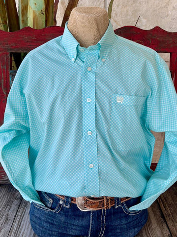 Men’s Cinch Western Shirt Button-Down Print in Turquoise/Natural, lightweight cotton for warm weather comfort, with embroidered chest pocket and classic collar - MTW1105905. Available at Blair's Western Wear, Marble Falls, TX.