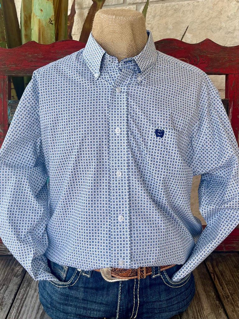 Men's Cinch Western Shirt Button-Down Print Shirt in White/Blue, lightweight cotton fabric for all-day comfort, with tailored fit and embroidered chest pocket - MTW1105927. Available at Blair's Western Wear, Marble Falls, TX.