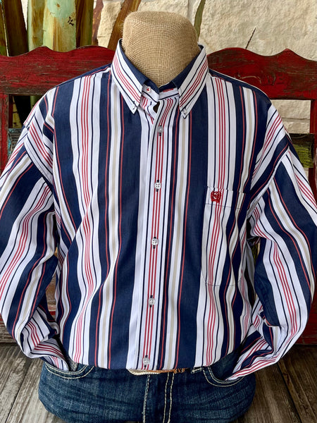 Men's Cinch Western Shirt White/Red/Navy Stripe, classic button-down collar adds sharp style, with breathable cotton blend fabric for all-day comfort - MTW1105938. Available at Blair's Western Wear, Marble Falls, TX.
