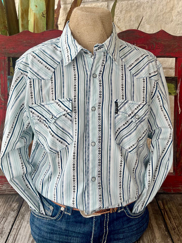 Men's Cinch Western Shirt White/Teal Print, crafted from breathable cotton for all-day comfort, with snap buttons and chest pockets for classic Western function - MTW130386. Available at Blair's Western Wear, Marble Falls, TX.