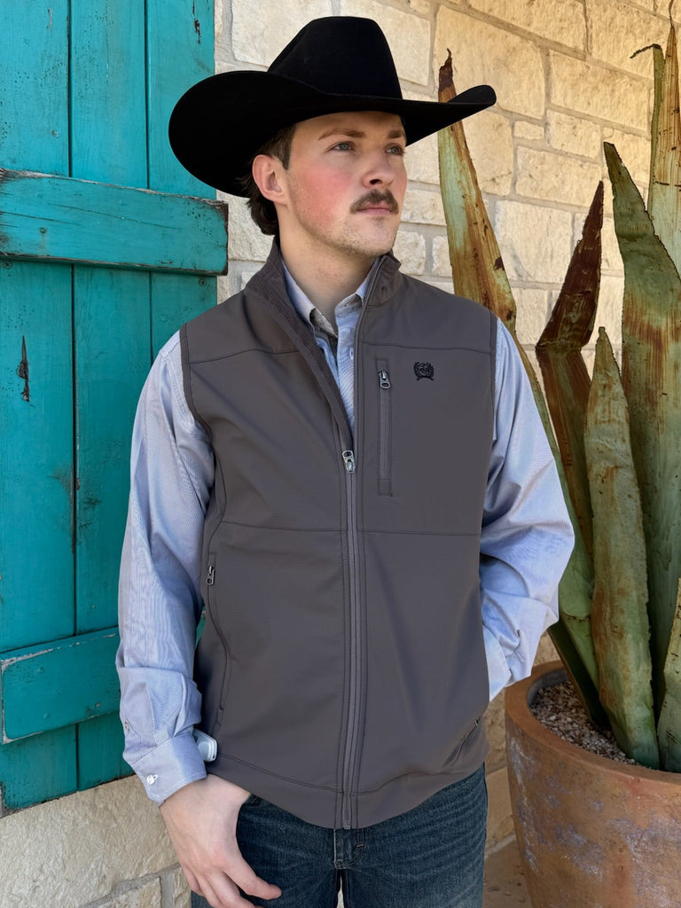 Men’s Cinch Windproof Softshell Vest in Gray, featuring a windproof and water-resistant shell, with concealed carry interior pocket and secure zip hand pockets - MWV1099012. Available at Blair's Western Wear, Marble Falls, TX.