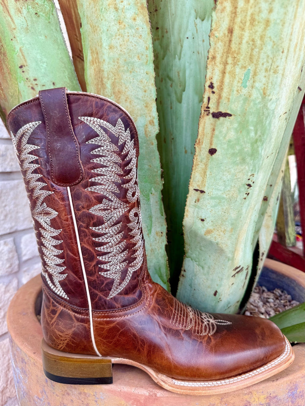 Men’s Circle G Leather Roper Boots in distressed brown, built from genuine leather that softens with wear, with detailed western stitching and a square toe for lasting comfort - L6311. Available at Blair's Western Wear, Marble Falls, TX.