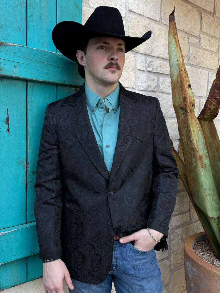 Men’s Circle S sportcoat black paisley, featuring tone-on-tone jacquard fabric, with structured western yokes — CC109941. Available at Blair's Western Wear, Marble Falls, TX.