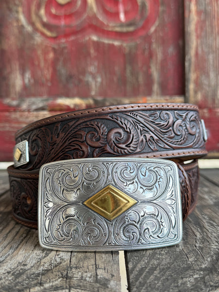 Men's Leegin Belt Company Belt in brown, hand-tooled diamond patterns with a robust metal buckle featuring intricate silver engravings and a gold centerpiece - C42895. Available at Blair's Western Wear, Marble Falls, TX.