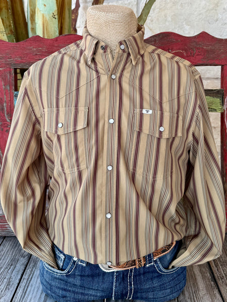 Men’s Ferrell Brand western shirt in olive and brown stripe, with pearl snap front and double flap pockets – FPL1002588. Available at Blair’s Western Wear, Marble Falls, TX.
