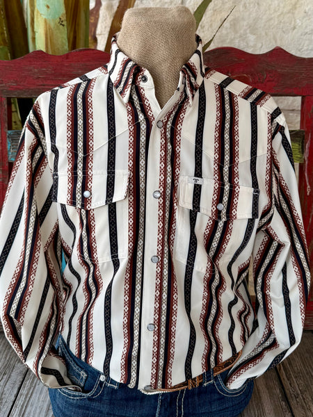 Men's Ferrell Western Long Sleeve Shirt in Natural/Chocolate/Black, lightweight moisture-wicking fabric designed for breathable comfort, with pearl snap front closure for classic Western styling - FPS1026067. Available at Blair's Western Wear, Marble Falls, TX.