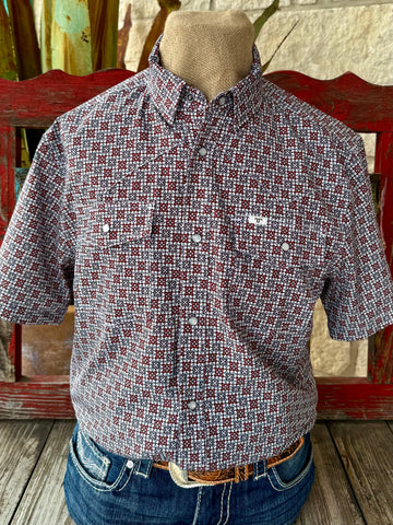 Men's Ferrell Short Sleeve Snap Print Shirt in Brick/White, lightweight breathable fabric for warm-weather comfort, with dual snap chest pockets for secure storage - FPS1026018. Available at Blair's Western Wear, Marble Falls, TX.
