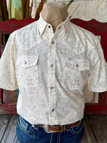 Men’s Ferrell Western short sleeve snap shirt in cream/tan, lightweight performance fabric for comfort, with pearl snap front closure and dual chest pockets - FPS1002562. Available at Blair's Western Wear, Marble Falls, TX.