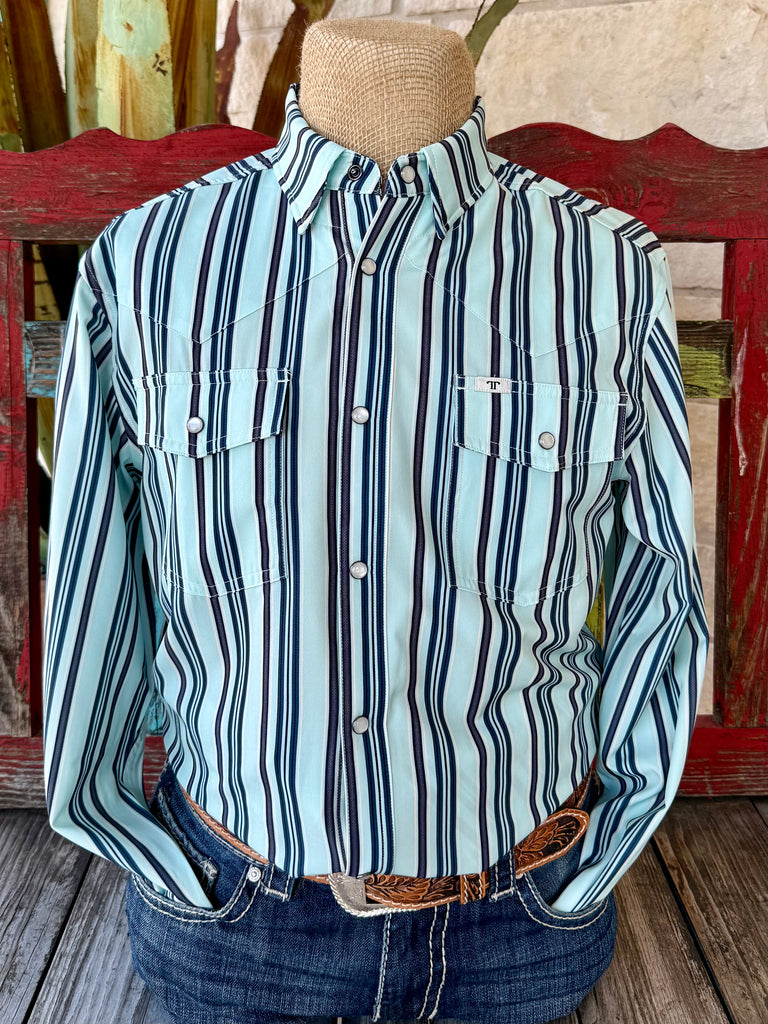 Men’s Ferrell Western Shirt in mint and navy stripe, lightweight breathable fabric, with pearl snap pockets and Western yoke detailing – FPL1002587. Available at Blair’s Western Wear, Marble Falls, TX.