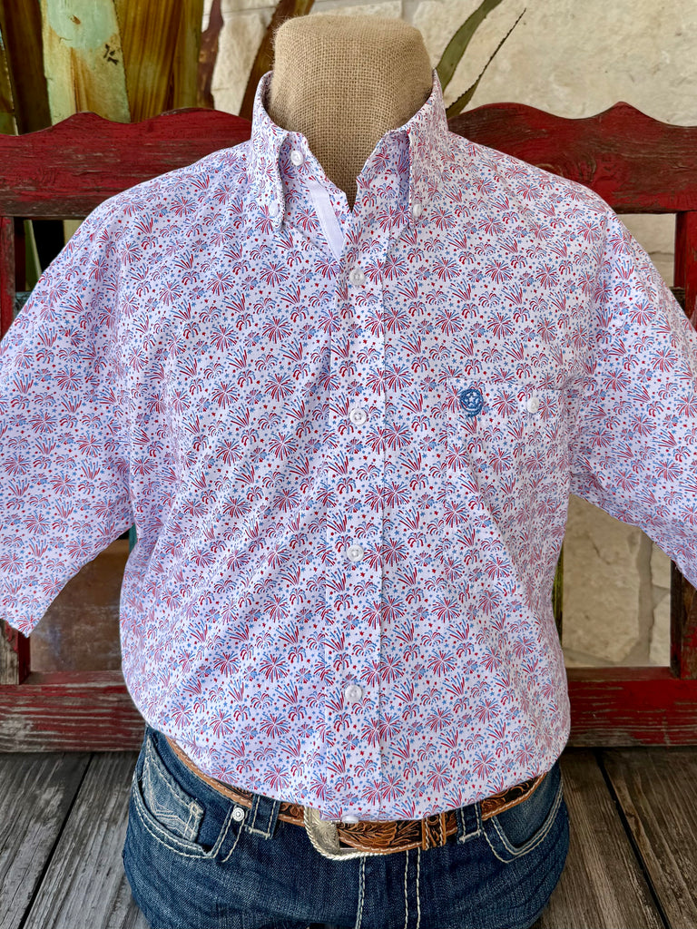 Blair's Western Wear product tag for Wrangler George Strait men's short sleeve button-down fireworks burst print shirt 112379061 white red light blue $61.99