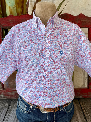 Blair's Western Wear product tag for Wrangler George Strait men's short sleeve button-down fireworks burst print shirt 112379061 white red light blue $61.99