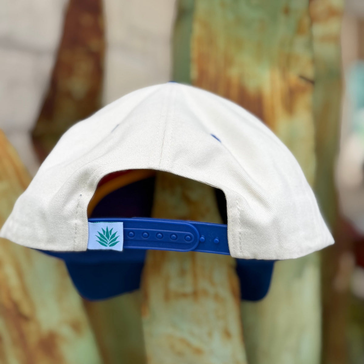 A clean structured five-panel silhouette with a pre-curved blue bill and breathable mesh back. The embroidered fishing graphic and bold lettering run across the front in a natural, blue, and yellow colorway — fun, detailed, and built to hold up wear after wear. Snapback closure at the back for a dialed-in fit.