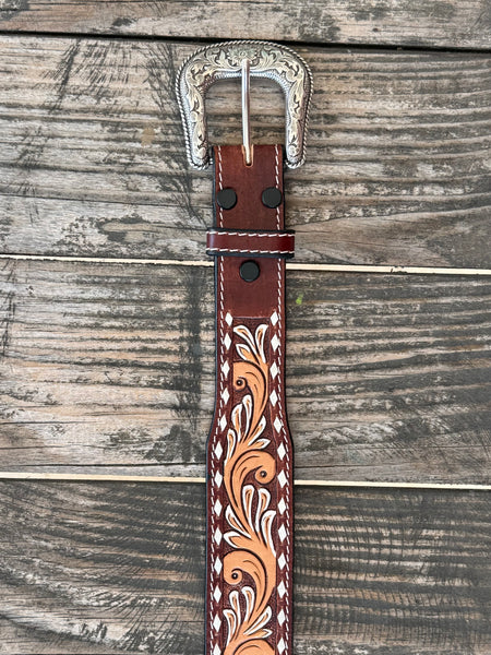 Men's Floral Scroll & Two-Tone Leather Belt