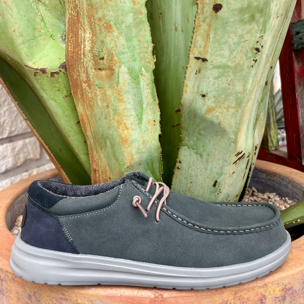 Men’s HEY DUDE Casual Shoe in Black Oyster, water-resistant recycled leather upper, with ultra-grip EVA outsole and removable memory foam insole - 41024-00A. Available at Blair's Western Wear, Marble Falls, TX.