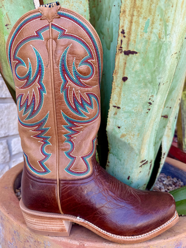 Men’s HYER Western leather cutter-toe boot in brown and honey, made with American bison vamp, with a leather outsole and 13" stitched shaft – HM12013. Available at Blair's Western Wear, Marble Falls, TX.