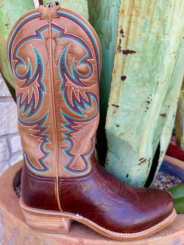 Men’s HYER Western leather cutter-toe boot in brown and honey, made with American bison vamp, with a leather outsole and 13" stitched shaft – HM12013. Available at Blair's Western Wear, Marble Falls, TX.