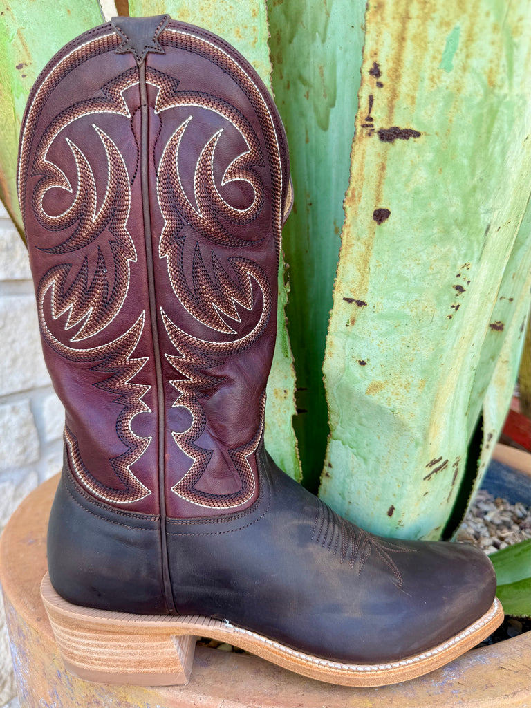 Men’s HYER Western Leather Cutter Toe Boot in oil tan and rust, featuring an oil tan full-grain vamp that resists scuffs, with a leather outsole that molds to your stride over time – HM12007. Available at Blair's Western Wear, Marble Falls, TX.