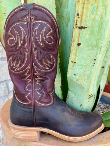 Men’s HYER Western Leather Cutter Toe Boot in oil tan and rust, featuring an oil tan full-grain vamp that resists scuffs, with a leather outsole that molds to your stride over time – HM12007. Available at Blair's Western Wear, Marble Falls, TX.