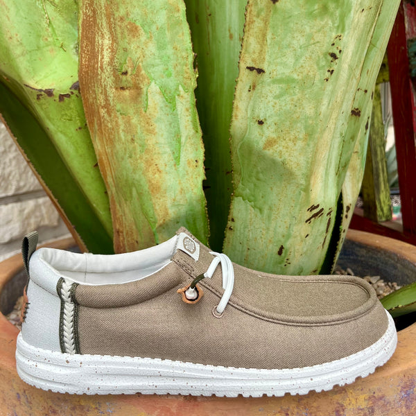 Men's Hey Dude Casual Shoe Wally Craft Linen in Timber/Silver Birch, featuring a lightweight textile upper with elastic laces and a removable foam insole for comfort - 43086-2KR. Available at Blair's Western Wear, Marble Falls, TX.