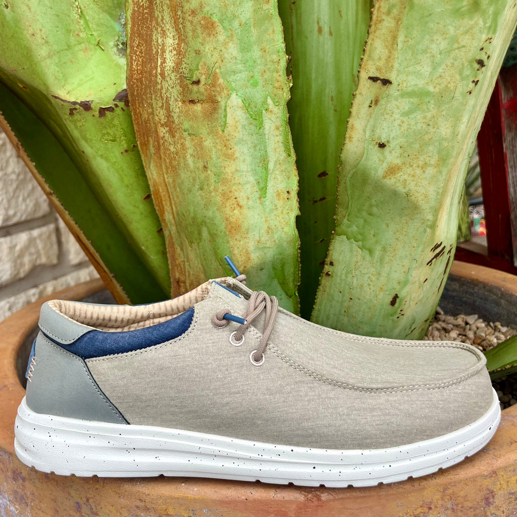 Men's Hey Dude Casual Shoes Paul Washed in Doeskin Tan, with breathable canvas upper, and ultralight foam sole for all-day comfort - 44290-0PR. Available at Blair's Western Wear, Marble Falls, TX.
