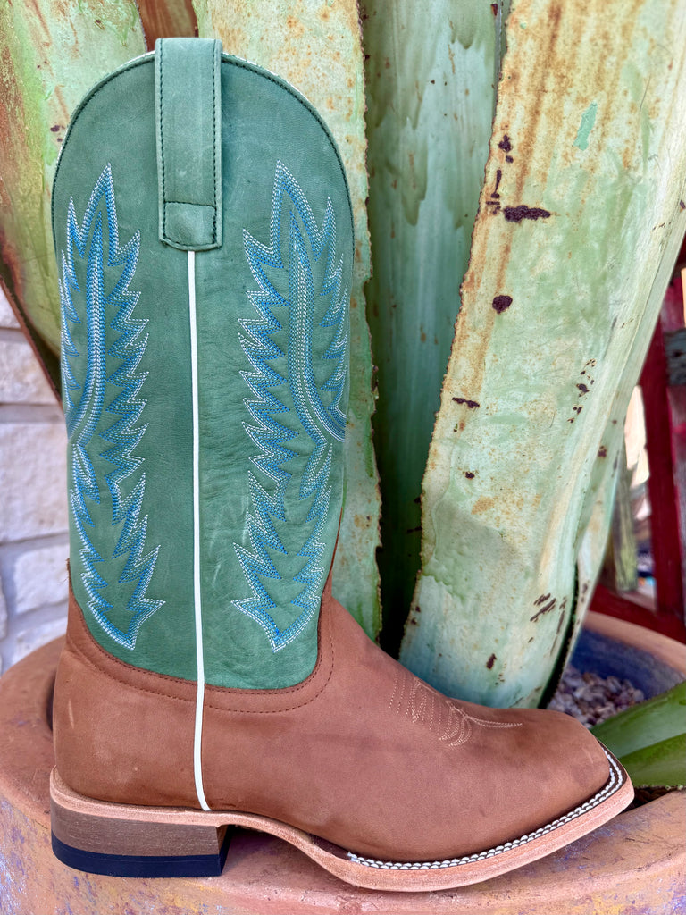 Men’s Horse Power leather roper boot with a tan foot and green stitched shaft, built with a roomy square toe and a durable leather outsole – HP8078. Available at Blair's Western Wear, Marble Falls, TX.