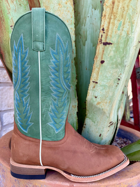 Men’s Horse Power leather roper boot with a tan foot and green stitched shaft, built with a roomy square toe and a durable leather outsole – HP8078. Available at Blair's Western Wear, Marble Falls, TX.