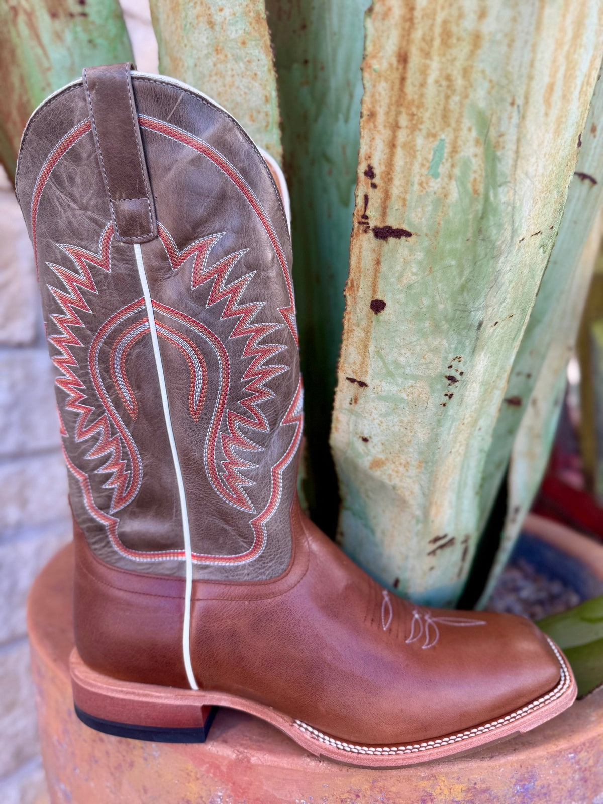 Men’s Horse Power Western Square Toe Boot in Cognac and Olive, built from full-grain leather that resists scuffs and develops character over time, with a wide square toe for lasting comfort - HP1890. Available at Blair's Western Wear, Marble Falls, TX.