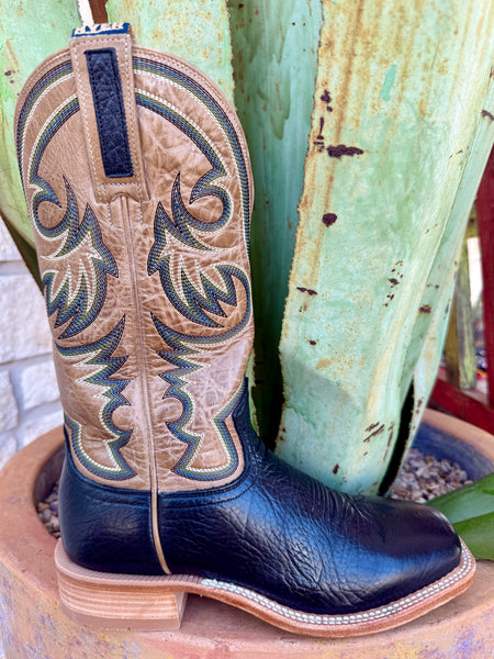 Men’s Hyer western wide square toe bullhide boot in black and tan, featuring a scuff-resistant bullhide foot and a removable cushioned insole – HM11029. Available at Blair's Western Wear, Marble Falls, TX.