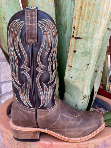 Men's Hyer Western Boots Cutter Toe Leather Boot in Brown, premium distressed leather foot resists scuffs, with bold multi-row stitched shaft for standout style - HM12020. Available at Blair's Western Wear, Marble Falls, TX.