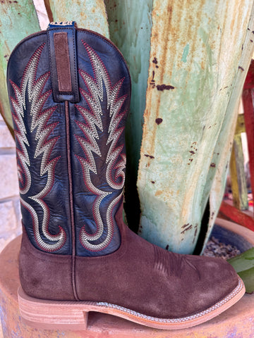 Men’s Hyer Western Wide Neo Roper Boot in chocolate roughout, built with a roughout leather vamp for durability and grip, with a stitched navy leather shaft for classic western style - HM11042. Available at Blair's Western Wear, Marble Falls, TX.