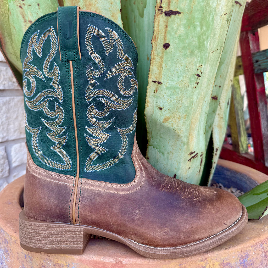 Men’s Justin Western Round Toe Neo Roper Boot in Brown and Hunter Green, crafted from full-grain leather for lasting wear, with J-Flex Comfort System for all-day support – UN7172. Available at Blair’s Western Wear, Marble Falls, TX.