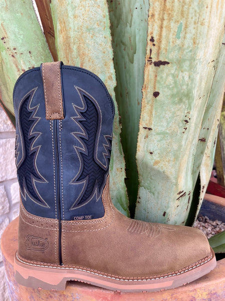 Men’s Justin Work Boot Western Composite Toe Boot in Brown and Black, with oil- and slip-resistant outsole, and a lightweight ASTM-rated composite toe for jobsite protection - SE4115. Available at Blair's Western Wear, Marble Falls, TX.