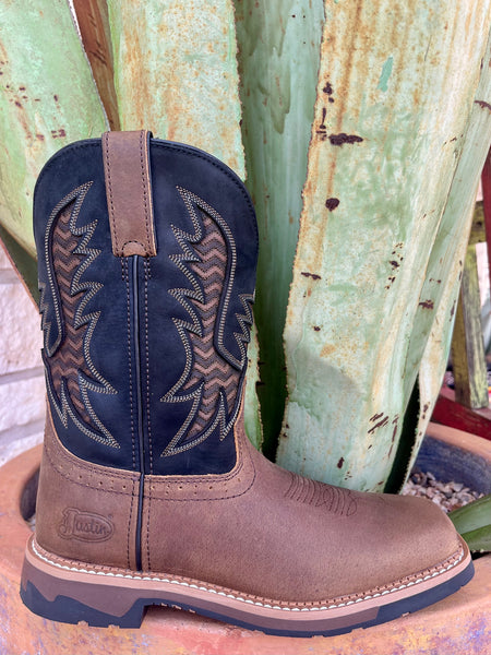 Men's Justin Work Boots Square Toe in Brown and Black, oil- and slip-resistant outsole for traction, with full-grain leather foot for durability - SE4112. Available at Blair's Western Wear, Marble Falls, TX.
