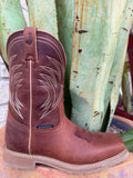 Men’s Justin Work square toe boot in brown, built with full-grain leather that softens with wear, with waterproof construction for dry comfort - SE4242. Available at Blair's Western Wear, Marble Falls, TX.