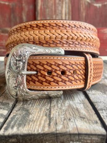 Men's  Leather Basketweave Belt in tan, featuring a silver-toned engraved buckle and basketweave pattern - XWB697. Available at Blair's Western Wear, Marble Falls, TX.
